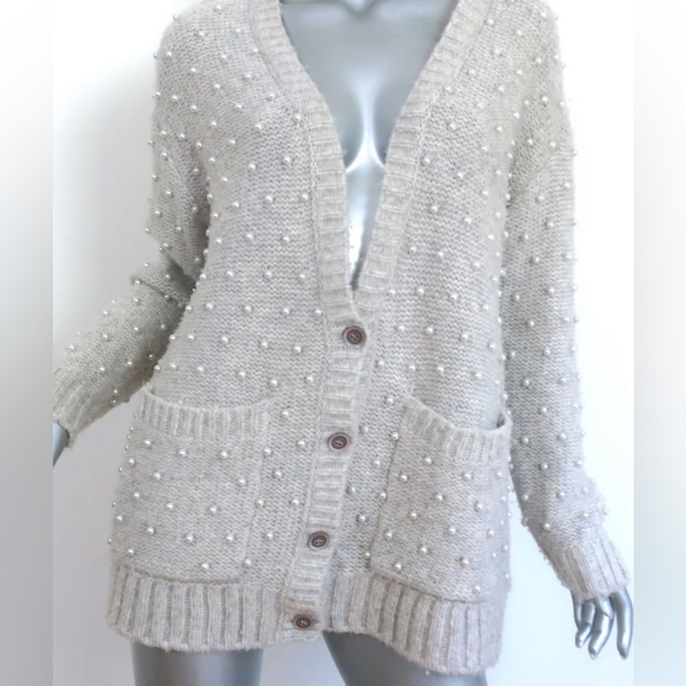 MICHELLE MASON FAUX PEARL-EMBELLISHED CARDIGAN GRAY WOOL-BLEND SIZE PETITE